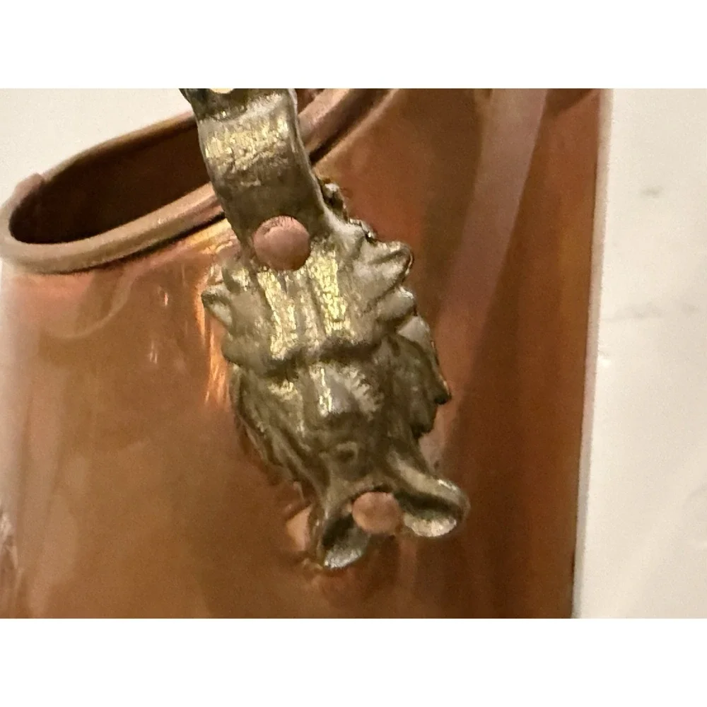 Vintage Copper Coal Scuttle/Bucket W/ Ceramic Handle Lion Decoratives, 13